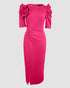 3D Flower Decor Round Neck Puff Sleeve Bodycon Dress Casual Ruched Slit Zipper Back Work Dress hot pink