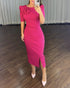 3D Flower Decor Round Neck Puff Sleeve Bodycon Dress Casual Ruched Slit Zipper Back Work Dress hot pink
