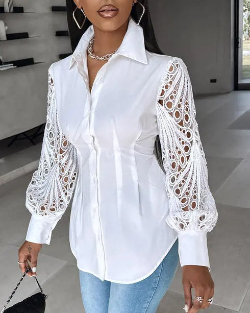 Lantern Sleeve Eyelet Embroidery Top white
