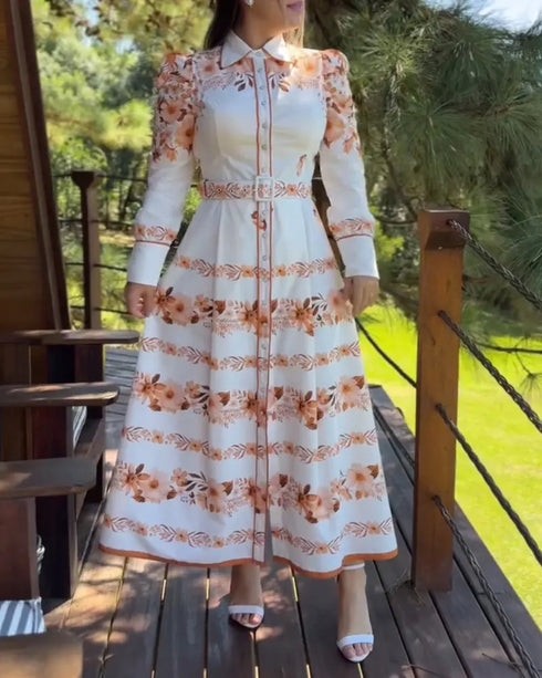 Floral Placement Print Turn-down Collar Puff Sleeve Vacation Dress Casual Button Down Shirt Dress With Belt and Lining white