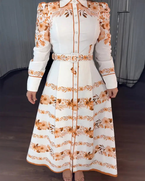 Floral Print V Neck Three Quarters Tied Detail Blouse Dress Casual A Line Slim Fit Maxi Dress white