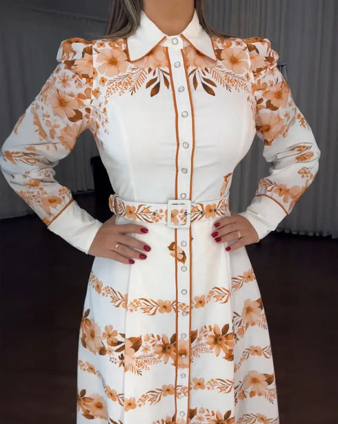 Floral Print V Neck Three Quarters Tied Detail Blouse Dress Casual A Line Slim Fit Maxi Dress white