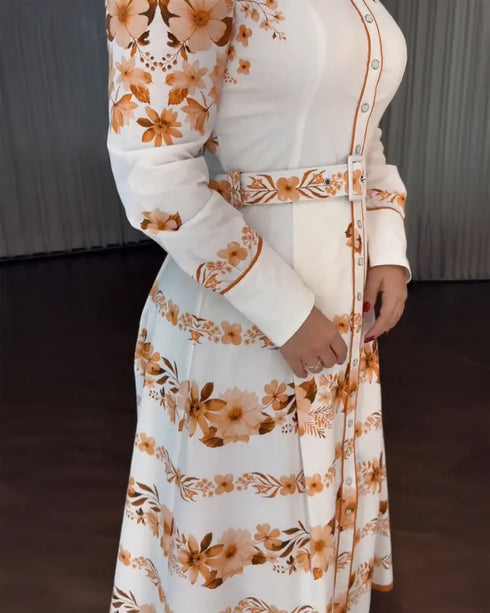 Floral Placement Print Turn-down Collar Puff Sleeve Vacation Dress Casual Button Down Shirt Dress With Belt and Lining white