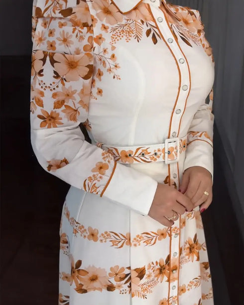 Floral Print V Neck Three Quarters Tied Detail Blouse Dress Casual A Line Slim Fit Maxi Dress white