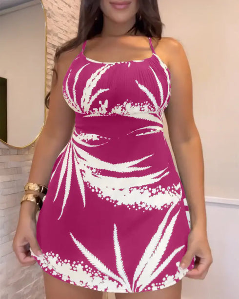 Tropical Print Cold Shoulder Spaghetti Strap Romper Ruched Backless Tied Detail Romper hot pink