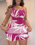 Tropical Print Cold Shoulder Spaghetti Strap Romper Ruched Backless Tied Detail Romper hot pink