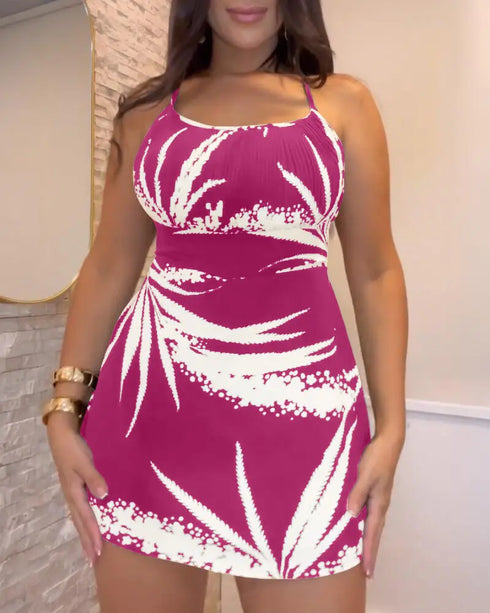 Tropical Print Cold Shoulder Spaghetti Strap Romper Ruched Backless Tied Detail Romper hot pink