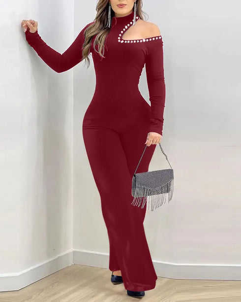 Rhinestone Decor Halter Cold Shoulder Long Sleeve Overalls Hollow-out Front Zipper Back Jumpsuit with Belt Wine red