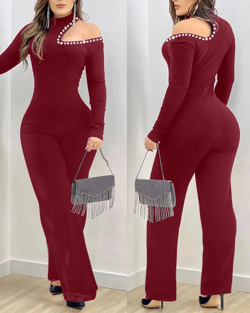 Rhinestone Decor Halter Cold Shoulder Long Sleeve Overalls Hollow-out Front Zipper Back Jumpsuit with Belt Wine red