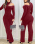 Rhinestone Decor Halter Cold Shoulder Long Sleeve Overalls Hollow-out Front Zipper Back Jumpsuit with Belt Wine red