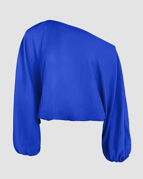 Skew Neck Lantern Sleeve Loose Top & Zipper Fly Wide Leg Pants Set without Belt dark blue