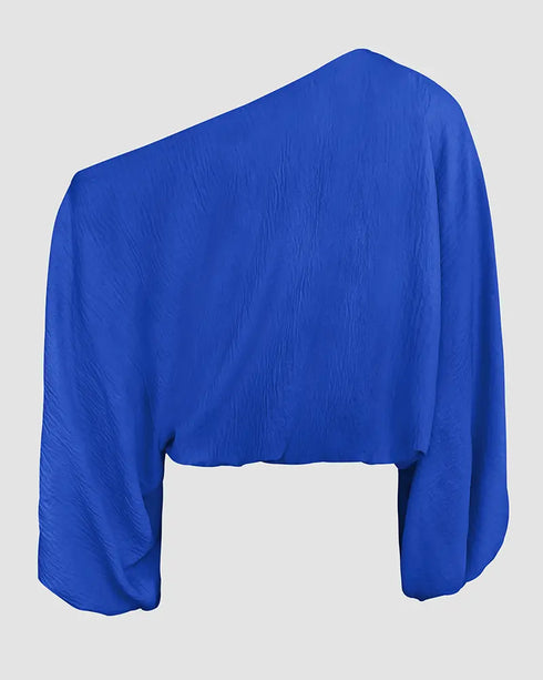 Skew Neck Lantern Sleeve Loose Top & Zipper Fly Wide Leg Pants Set without Belt dark blue