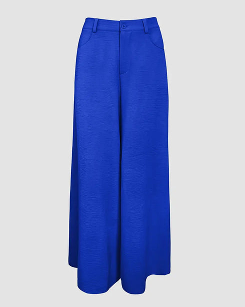 Skew Neck Lantern Sleeve Loose Top & Zipper Fly Wide Leg Pants Set without Belt dark blue