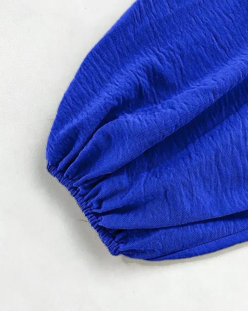 Skew Neck Lantern Sleeve Loose Top & Zipper Fly Wide Leg Pants Set without Belt dark blue