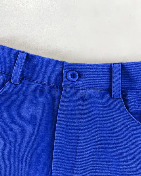 Skew Neck Lantern Sleeve Loose Top & Zipper Fly Wide Leg Pants Set without Belt dark blue