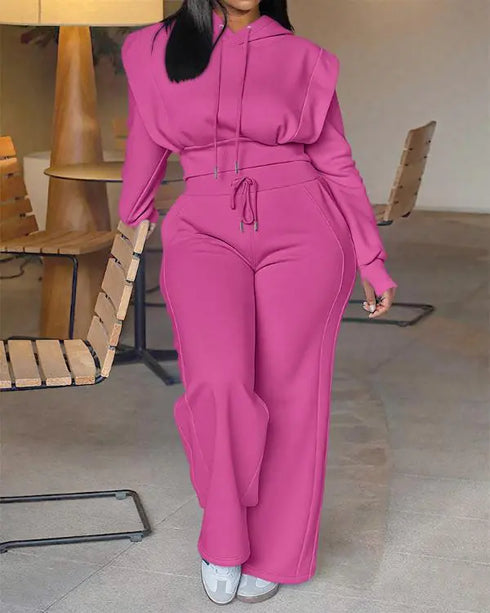 2 Pieces Outfit Rhinestone Graphic & Letter Pattern 3D Design Crop Drawstring Hoodie Sweatshirt and Casual Drawstring Elastic Waist Wide Leg Sweatpants Set hot pink