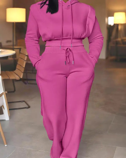 2 Pieces Outfit Rhinestone Graphic & Letter Pattern 3D Design Crop Drawstring Hoodie Sweatshirt and Casual Drawstring Elastic Waist Wide Leg Sweatpants Set hot pink