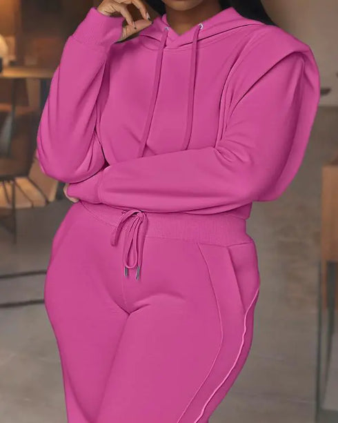 2 Pieces Outfit 3D Design Crop Drawstring Hoodie Top and Drawstring Elastic Waist Wide Leg Sweatpants Set Casual Rhinestone Letter Pattern Sweatshirt Set hot pink