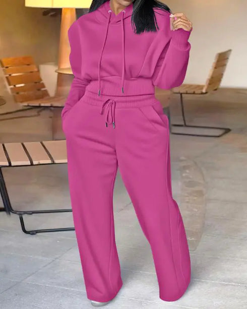 2 Pieces Outfit Long Sleeve Crop Drawstring Hoodie Sweatshirt with Thumb Hole Cuffs and Casual Drawstring Elastic Waist Wide Leg Sweatpants Set hot pink