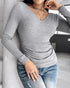ChicMe Built-in Bra Notch Neck Long Sleeve Shirts Rib-Knit Ruched Waist Top gray