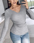 ChicMe Built-in Bra Notch Neck Long Sleeve Shirts Rib-Knit Ruched Waist Top gray
