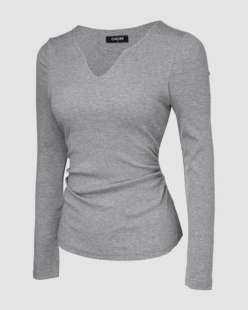 ChicMe Built-in Bra Notch Neck Long Sleeve Shirts Rib-Knit Ruched Waist Top gray