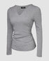 ChicMe Built-in Bra Notch Neck Long Sleeve Shirts Rib-Knit Ruched Waist Top gray