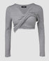 ChicMe Built-in Bra Notch Neck Long Sleeve Shirts Rib-Knit Ruched Waist Top gray