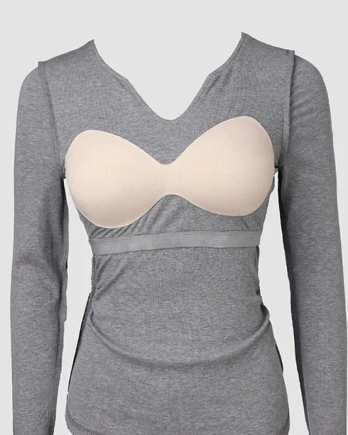 ChicMe Built-in Bra Notch Neck Long Sleeve Shirts Rib-Knit Ruched Waist Top gray