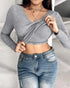 ChicMe Built-in Bra Notch Neck Long Sleeve Shirts Rib-Knit Ruched Waist Top gray