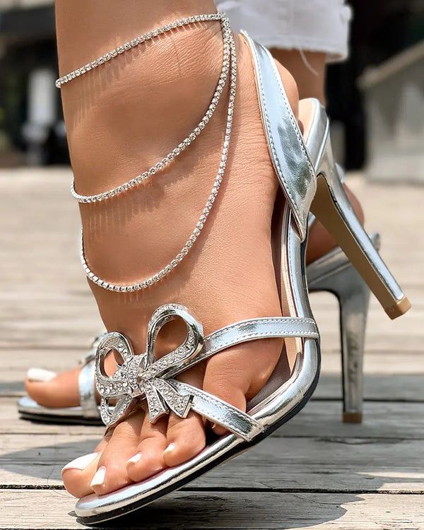 Bowknot Round Toe Chic Heeled-Sandals silver