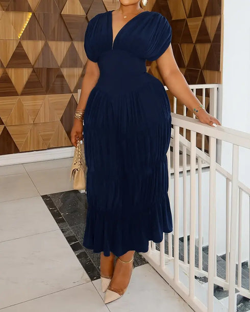 Textured V Neck Sleeveless Ruched Ruffles Hem Dress Casual Waist A Line Party Midi Dress dark blue