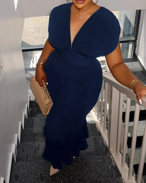 Textured V Neck Sleeveless Ruched Ruffles Hem Dress Casual Waist A Line Party Midi Dress dark blue