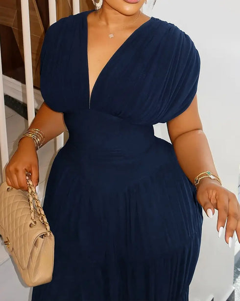 Textured V Neck Sleeveless Ruched Ruffles Hem Dress Casual Waist A Line Party Midi Dress dark blue