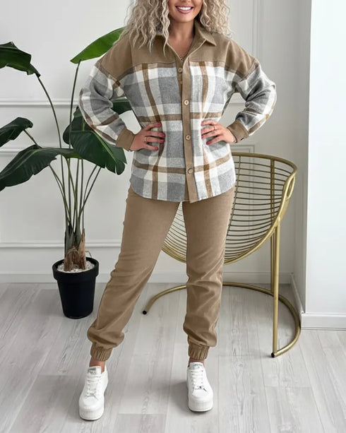 2 Pieces Outfit Plaid Print Spliced Turn-down Collar Button Front Asymmetrical Hem Top and Casual Elastic Waist Jogger Pants Set Light Coffee