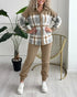 2 Pieces Outfit Plaid Print Spliced Turn-down Collar Button Front Asymmetrical Hem Top and Casual Elastic Waist Jogger Pants Set Light Coffee