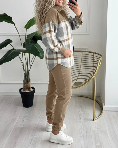 2 Pieces Outfit Plaid Print Spliced Turn-down Collar Button Front Asymmetrical Hem Top and Casual Elastic Waist Jogger Pants Set Light Coffee