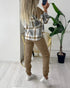 2 Pieces Outfit Plaid Print Spliced Turn-down Collar Button Front Asymmetrical Hem Top and Casual Elastic Waist Jogger Pants Set Light Coffee