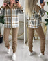 2 Pieces Outfit Plaid Print Spliced Turn-down Collar Button Front Asymmetrical Hem Top and Casual Elastic Waist Jogger Pants Set Light Coffee