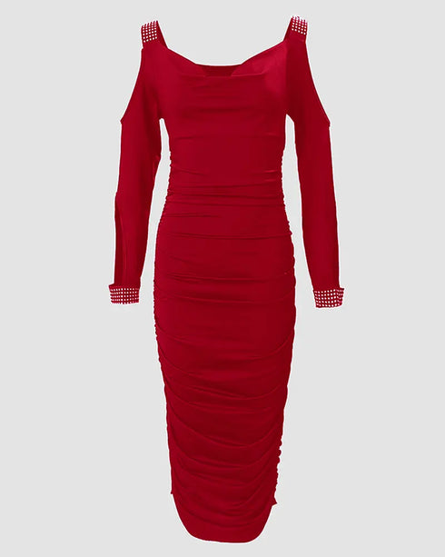 Rhinestone Decor Cold Shoulder Glitter Bodycon Dress red