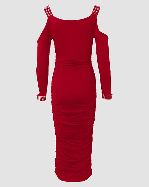 Rhinestone Decor Cold Shoulder Glitter Bodycon Dress red