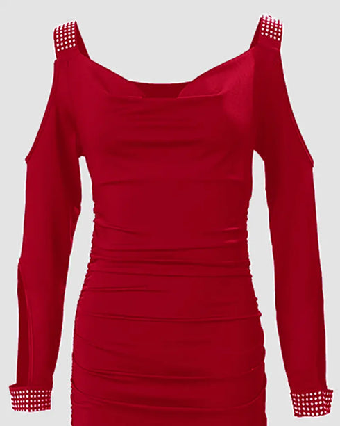 Rhinestone Decor Cold Shoulder Ruched Bodycon Dress red