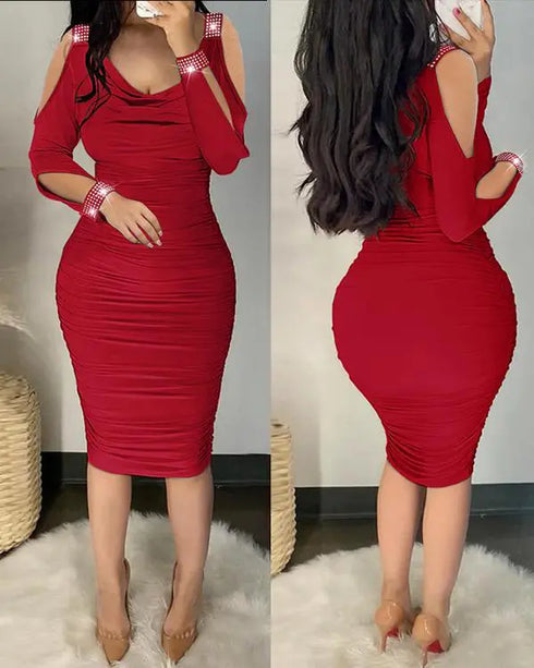 Rhinestone Decor Cold Shoulder Ruched Bodycon Dress red