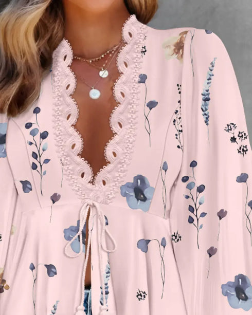 Ombre Cold Shoulder Lantern Sleeve Frill Ruffle Hem Blouse Top light pink