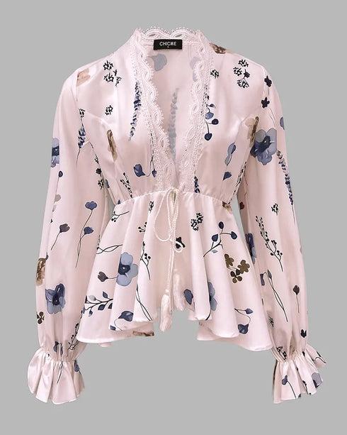 Floral Print Deep V-Neck Contrast Lace Flare Sleeve Bow Tie Front Blouse Casual Ruffle Hem Loose Top light pink