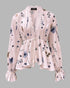 Floral Print Deep V-Neck Contrast Lace Flare Sleeve Bow Tie Front Blouse Casual Ruffle Hem Loose Top light pink