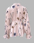 Floral Print Deep V-Neck Contrast Lace Flare Sleeve Bow Tie Front Blouse Casual Ruffle Hem Loose Top light pink