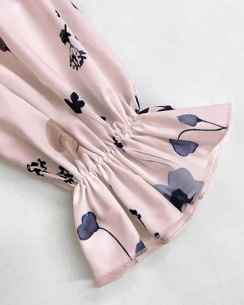 Floral Print Deep V-Neck Contrast Lace Flare Sleeve Bow Tie Front Blouse Casual Ruffle Hem Loose Top light pink