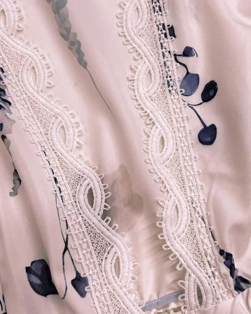 Floral Print Deep V-Neck Contrast Lace Flare Sleeve Bow Tie Front Blouse Casual Ruffle Hem Loose Top light pink