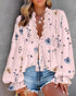 Floral Placement Print Deep V-Neck Contrast Lace Lantern Sleeve Flare Cuffs Blouse Casual Bow Tie Front Ruffle Hem Loose Top light pink